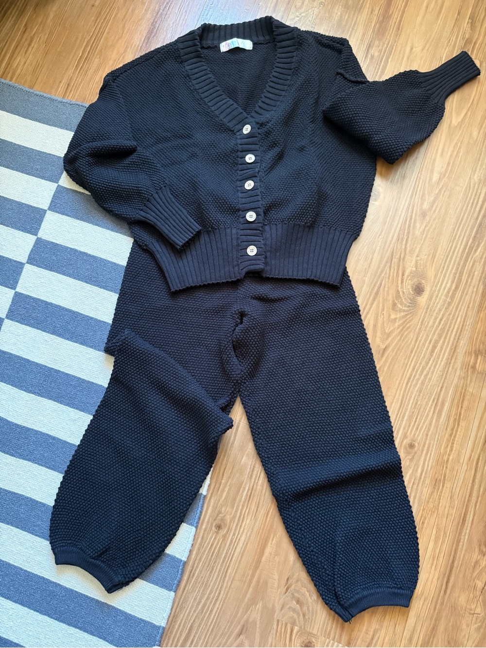 Black Knit Button-Up Cardigan and Knit Pants Set